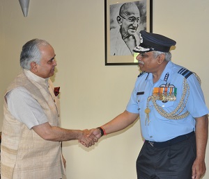 The Governor of Arunachal Pradesh Lt. General Nirbhay Sharma (Retd) with Air Officer Commanding-in-Chief (AOC-in-C) of Eastern Air Command, Indian Air Force, Air Marshal S.B. Deo at Raj Bhawan, Itanagar on 7th May 2015.